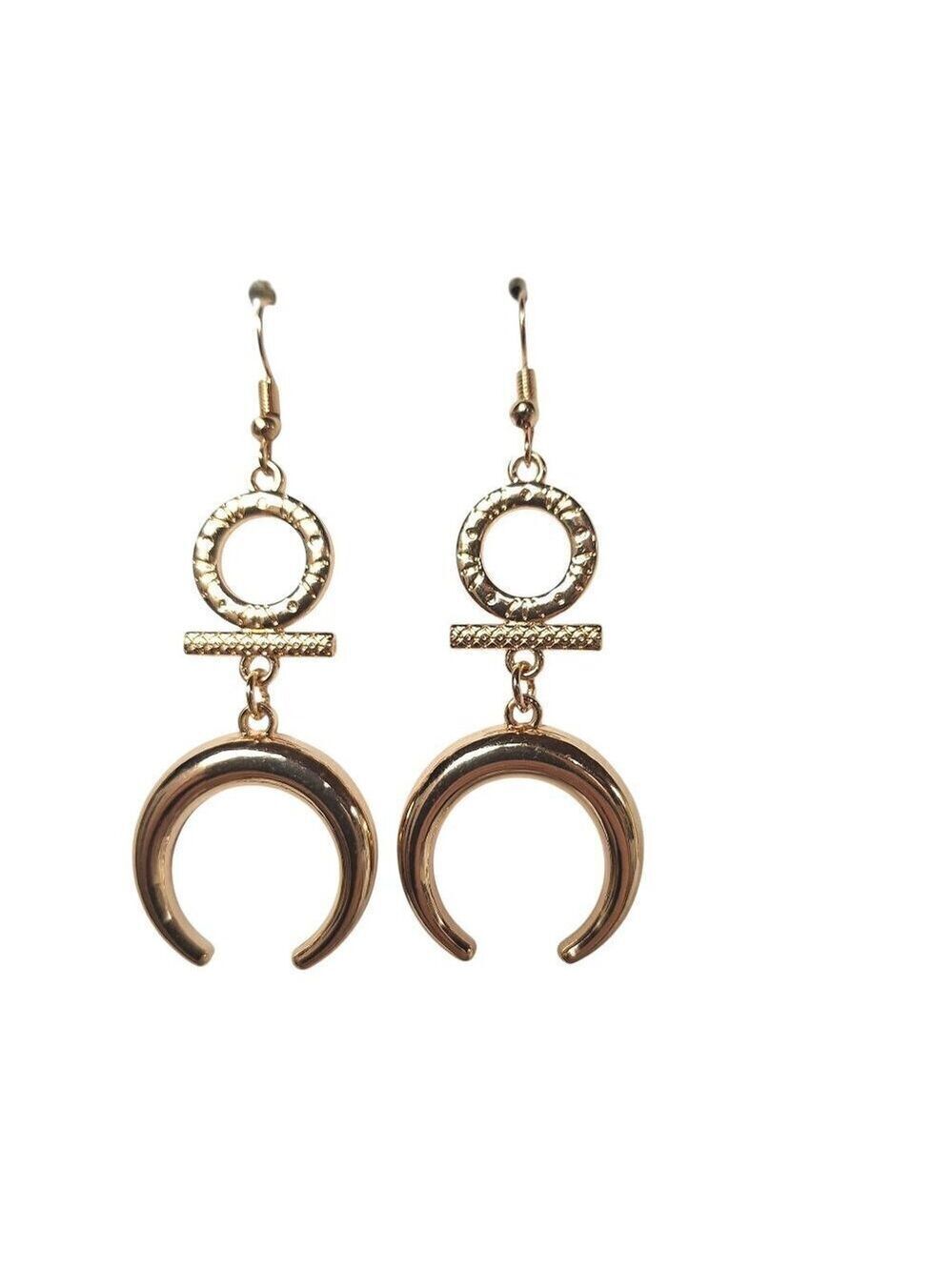 Gold Tone Geometric Dangle Earrings Crescent Moon